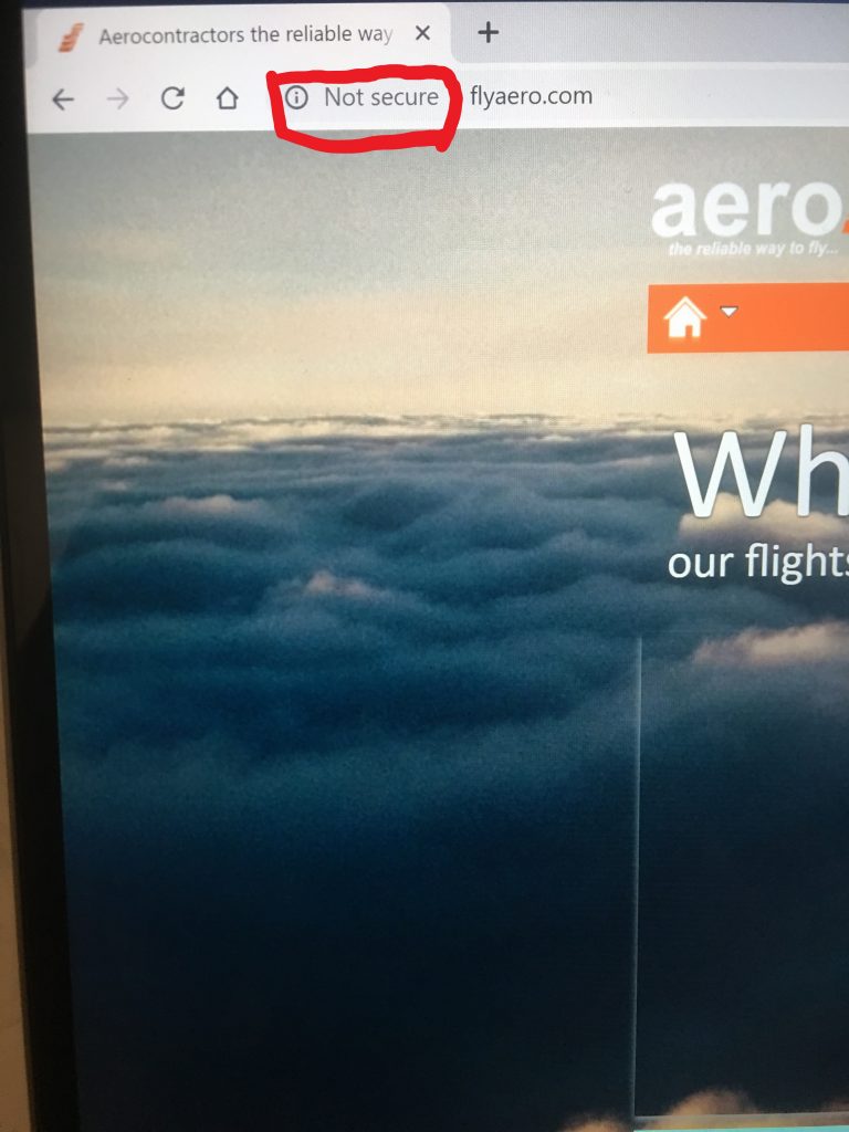 Aero Contractor website without an active SSL certificate.