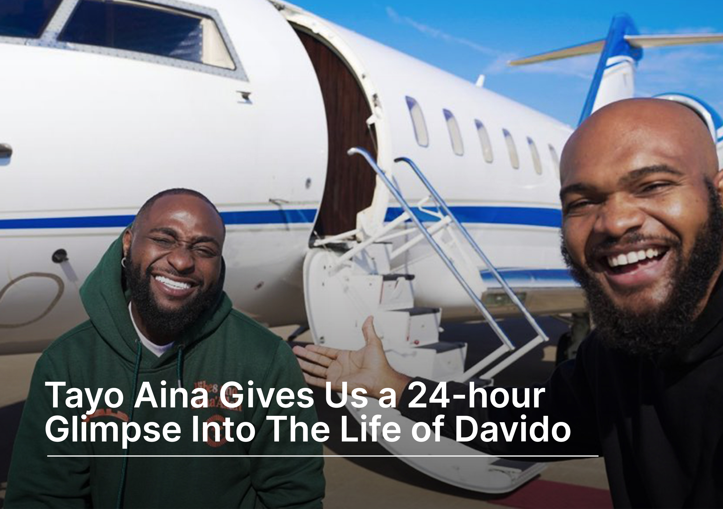 Davido and Tayo Aina taking a selfie in front of a private jet.